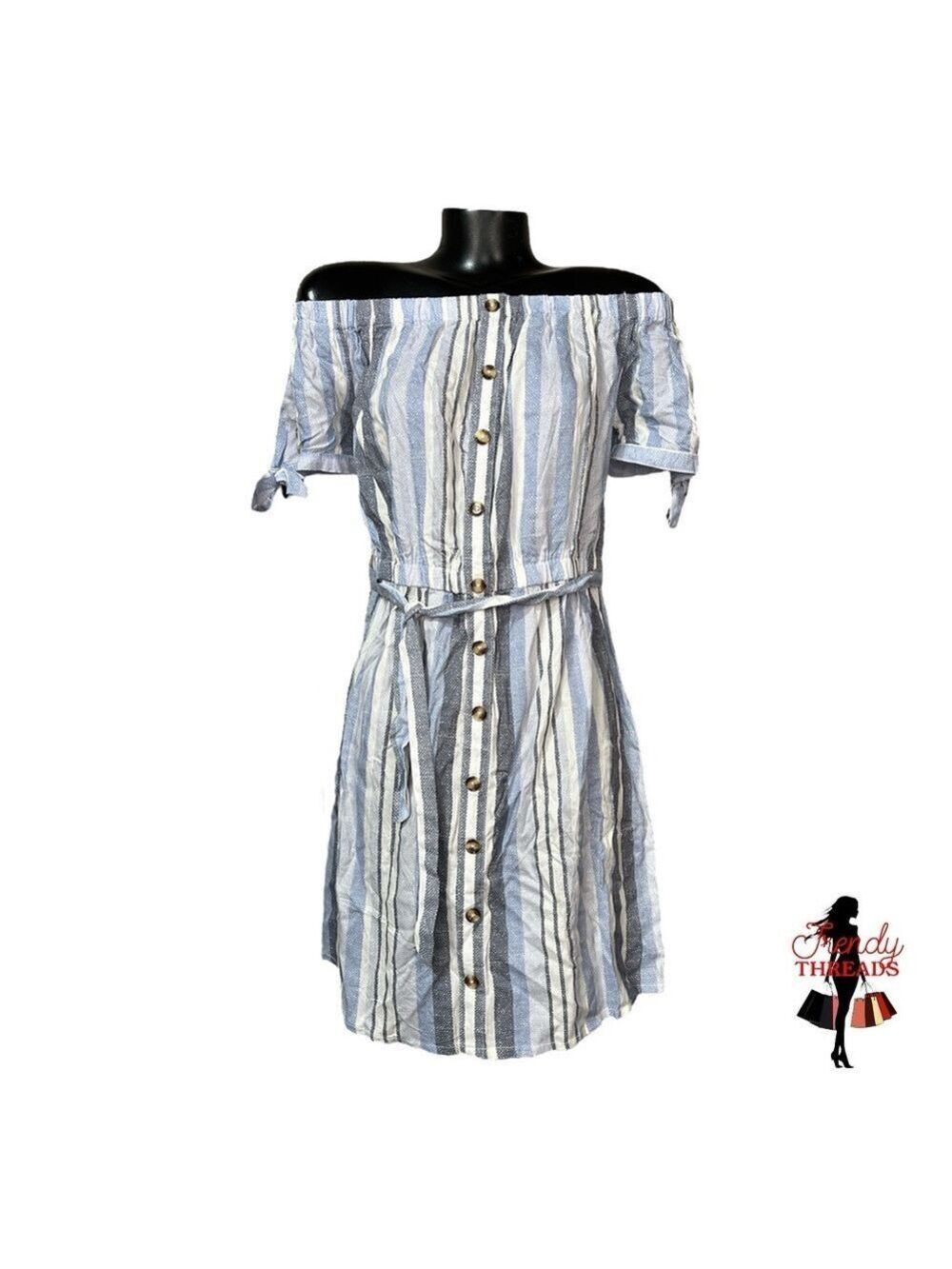48 Derek Heart NEW Striped Off the Shoulder Mini Dress Womens Large Blue Auction